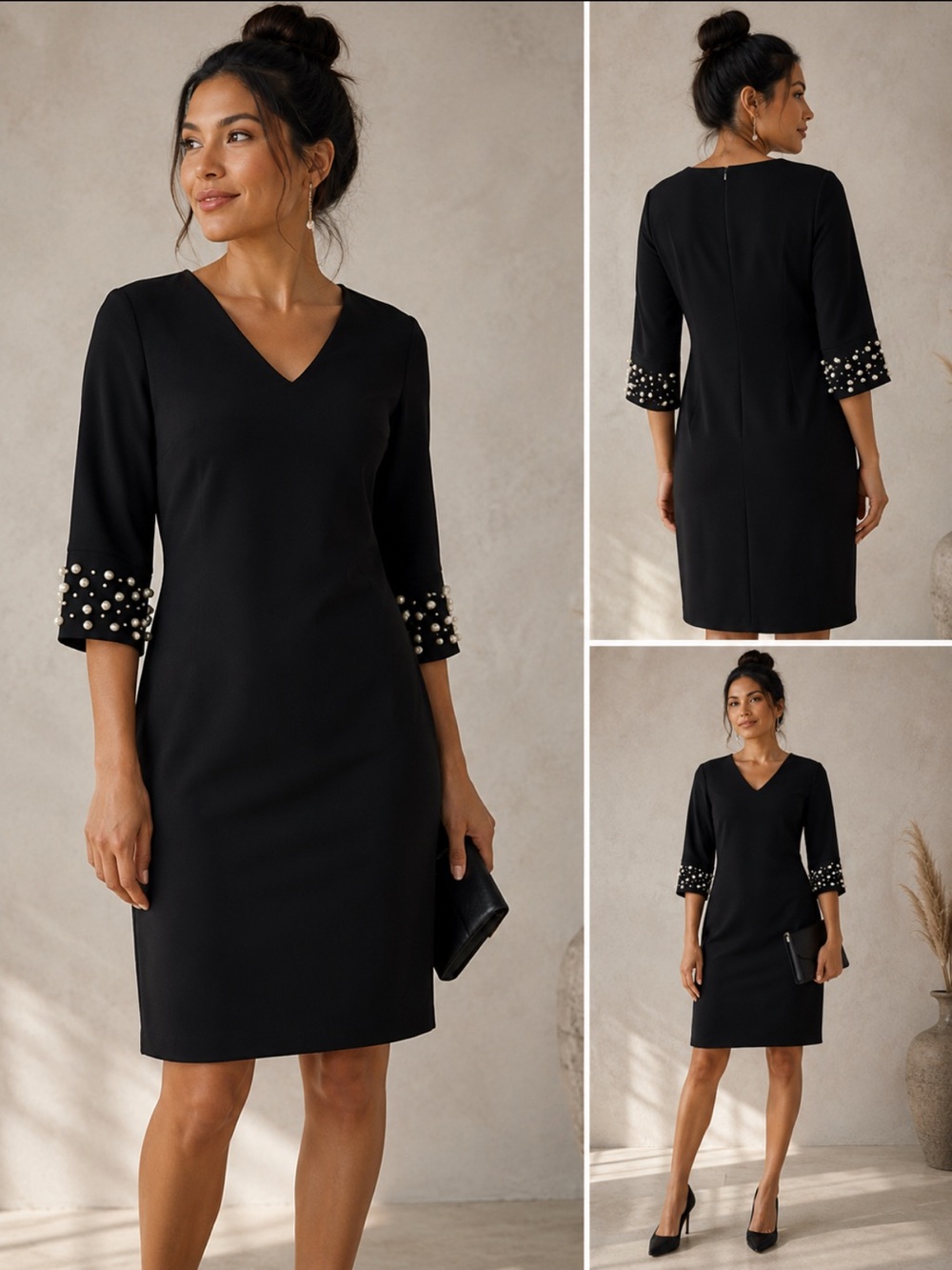 Calvin Klein Black V Neck Pearl Embellished Dress
